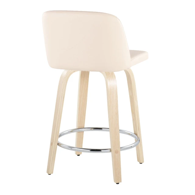 Alt view image 4 of 5 - 24 Inch Fixed Height Counter Stool with Swivel in and Faux Leather with Round Chrome Metal Footrest Set, Cream, Seating