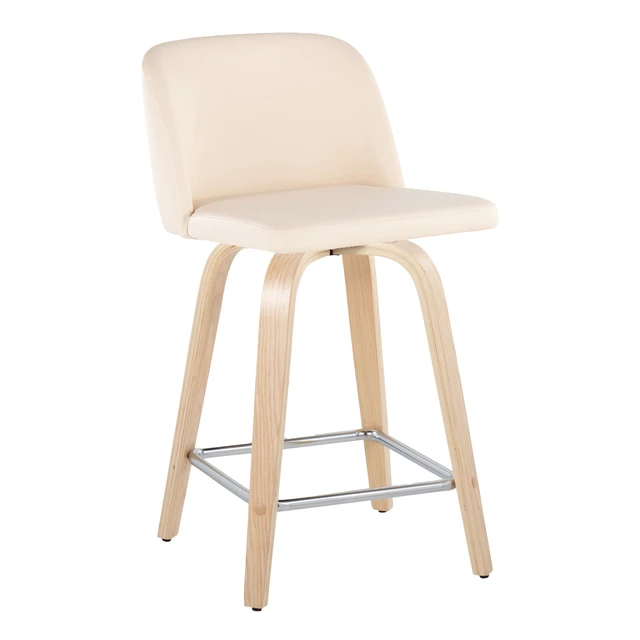 Alt view image 2 of 5 - 24 Inch Fixed Height Counter Stool with Swivel in and Faux Leather with Square Chrome Metal Footrest Set, Cream