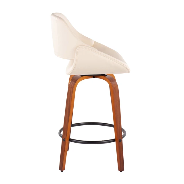 Alt view image 3 of 5 - Mid-Century Fixed Height Counter Stool in with Round Footrest and Faux Leather Set, Cream, Seating for Dining