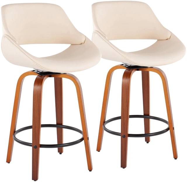 Main image of Mid-Century Fixed Height Counter Stool in with Round Footrest and Faux Leather Set, Cream, Seating for Dining