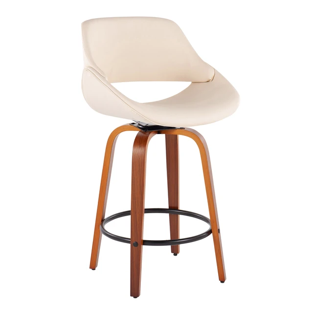 Alt view image 2 of 5 - Mid-Century Fixed Height Counter Stool in with Round Footrest and Faux Leather Set, Cream, Seating for Dining