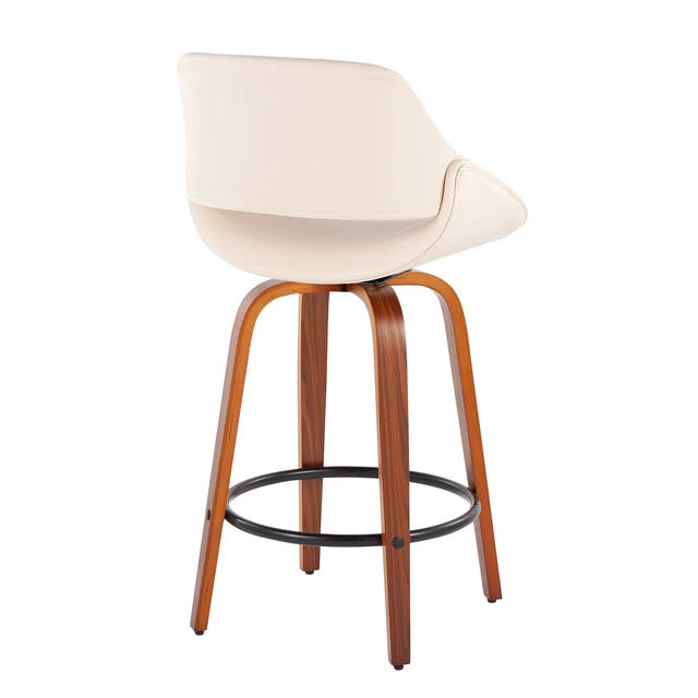 Alt view image 4 of 5 - Mid-Century Fixed Height Counter Stool in with Round Footrest and Faux Leather Set, Cream, Seating for Dining