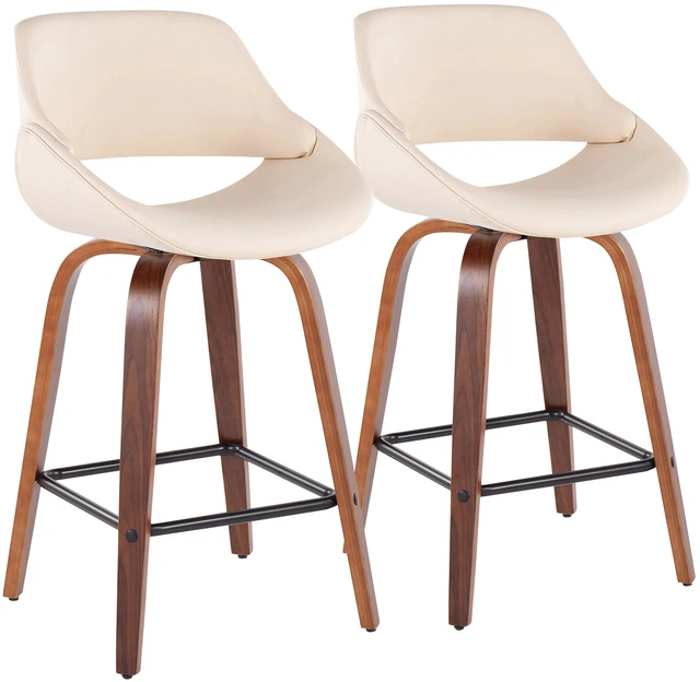 Main image of Mid-Century Fixed Height Counter Stool in with Square Footrest and Faux Leather Set, Cream, Seating for Dining