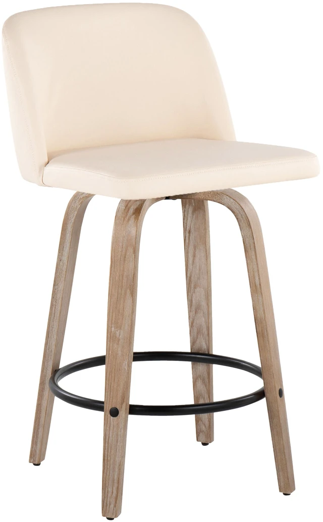 Alt view image 2 of 5 - 26 Inch Mid Century Fixed Height Counter Stool with Swivel in Washed and Faux Leather with Round Black Metal Footrest