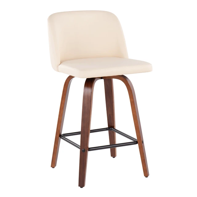 Alt view image 2 of 5 - Mid-Century Fixed Height Counter Stool in with Square Footrest and Faux Leather Set, Cream, Seating for Dining