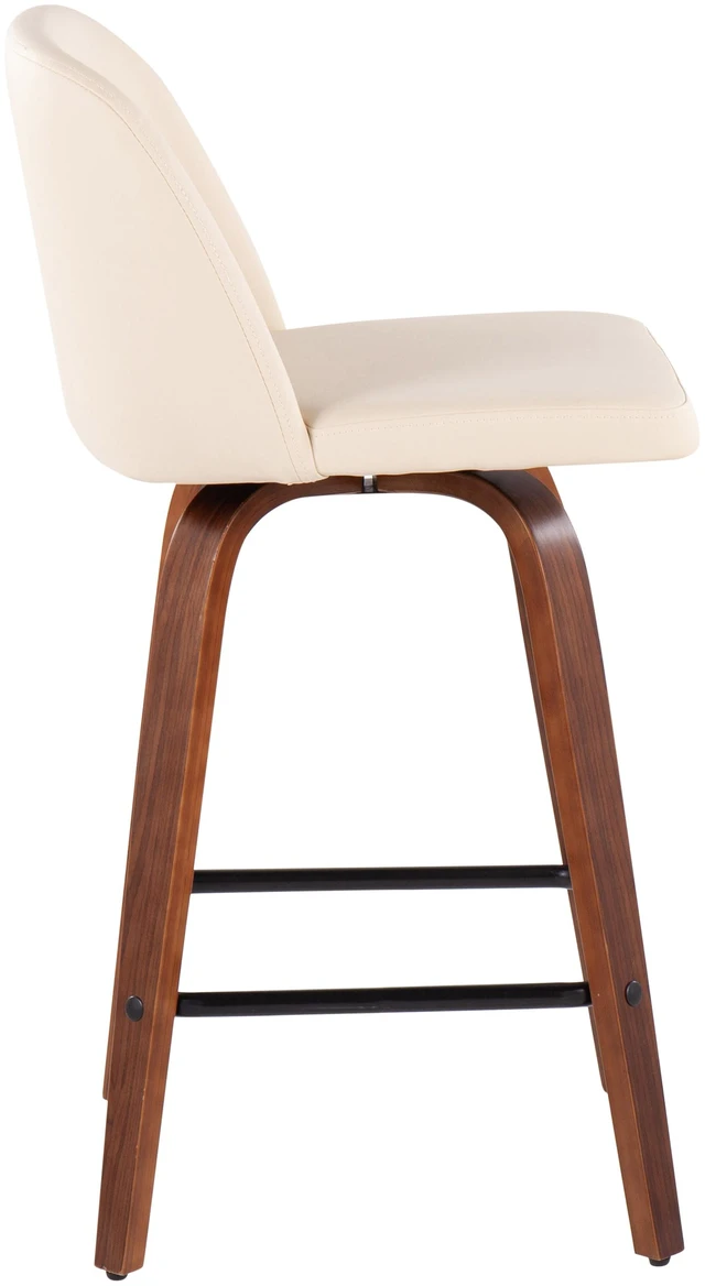 Alt view image 3 of 5 - Mid-Century Fixed Height Counter Stool in with Square Footrest and Faux Leather Set, Cream, Seating for Dining
