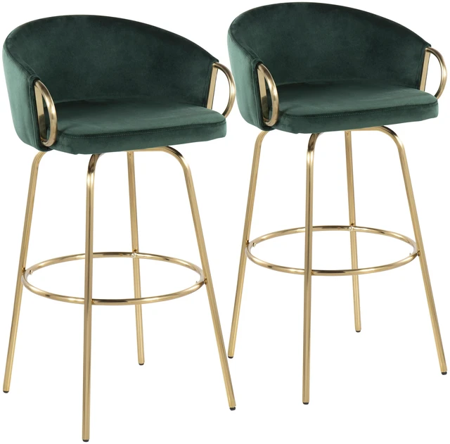 Main image of 30 Inch Fixed Height Bar Stool with Gold Metal Legs and Round Gold Metal Footrest with Velvet Seat and Accents Set