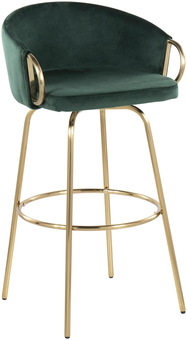 Alt view image 2 of 5 - 30 Inch Fixed Height Bar Stool with Gold Metal Legs and Round Gold Metal Footrest with Velvet Seat and Accents Set