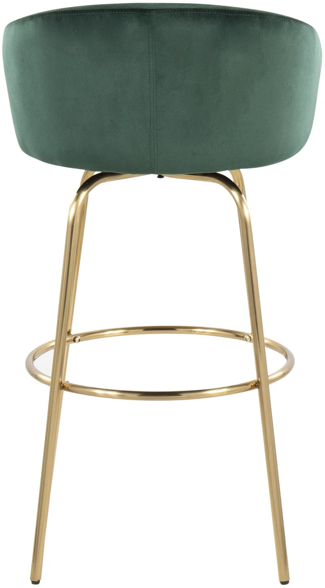 Alt view image 5 of 5 - 30 Inch Fixed Height Bar Stool with Gold Metal Legs and Round Gold Metal Footrest with Velvet Seat and Accents Set