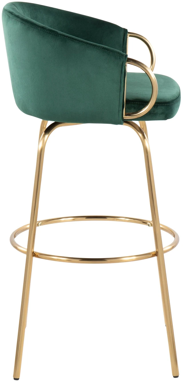 Alt view image 3 of 5 - 30 Inch Fixed Height Bar Stool with Gold Metal Legs and Round Gold Metal Footrest with Velvet Seat and Accents Set