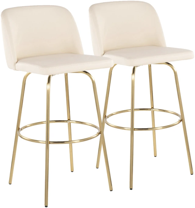 Main image of 30 Inch Fixed Height Barstool with Swivel in Faux Leather and Gold Metal with Round Footrest Set, Cream, Seating