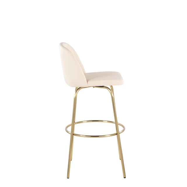 Alt view image 3 of 5 - 30 Inch Fixed Height Barstool with Swivel in Faux Leather and Gold Metal with Round Footrest Set, Cream, Seating