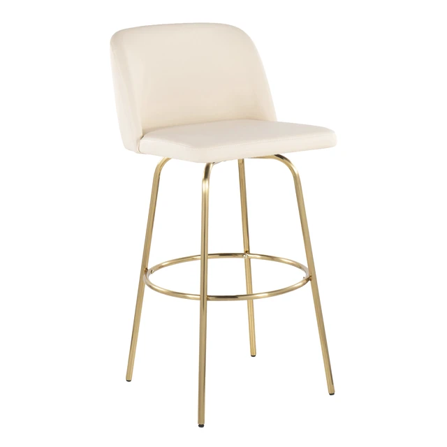 Alt view image 2 of 5 - 30 Inch Fixed Height Barstool with Swivel in Faux Leather and Gold Metal with Round Footrest Set, Cream, Seating