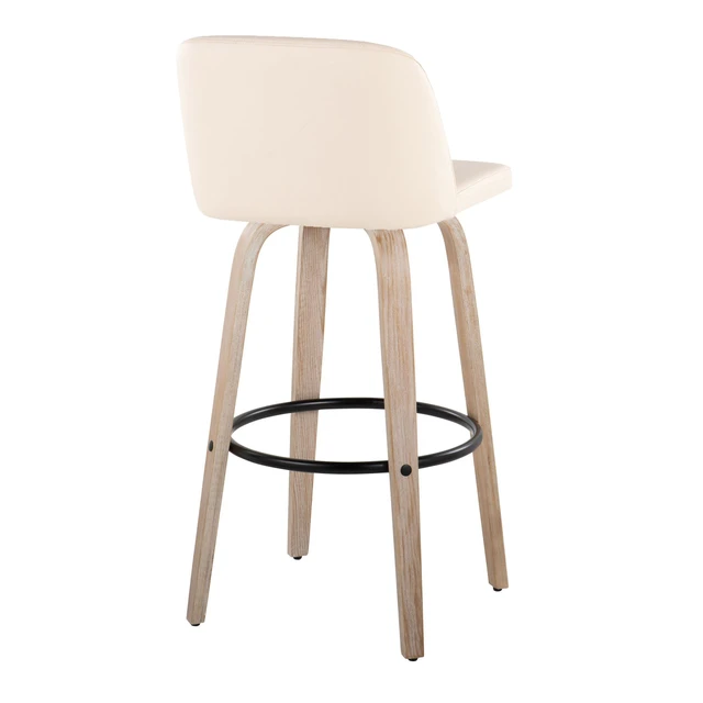 Alt view image 4 of 5 - 30 Inch Mid Century Fixed Height Barstool with Swivel in Washed and Faux Leather with Round Black Metal Footrest Set