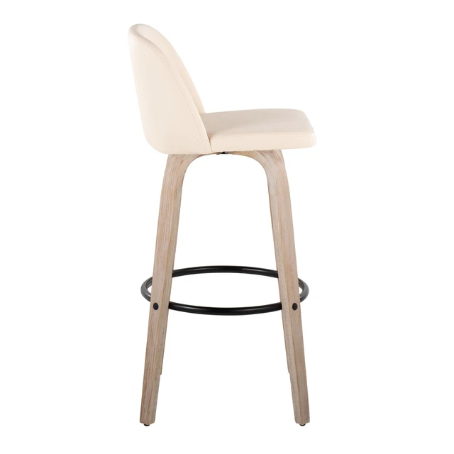 Alt view image 3 of 5 - 30 Inch Mid Century Fixed Height Barstool with Swivel in Washed and Faux Leather with Round Black Metal Footrest Set