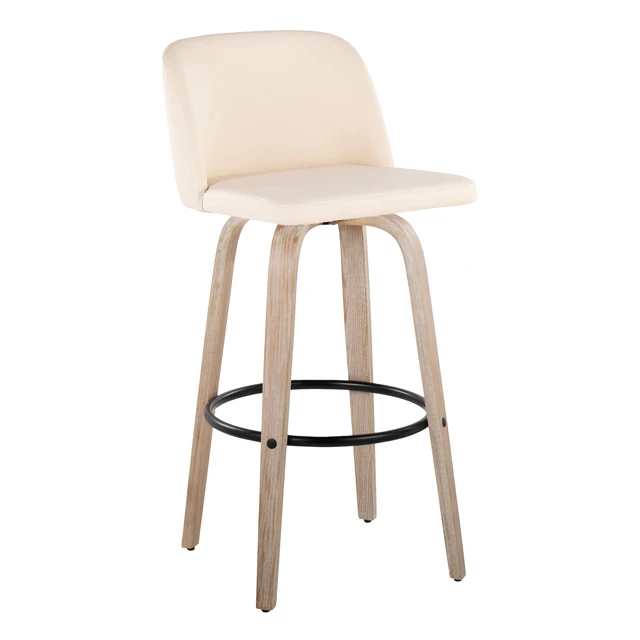 Alt view image 2 of 5 - 30 Inch Mid Century Fixed Height Barstool with Swivel in Washed and Faux Leather with Round Black Metal Footrest Set