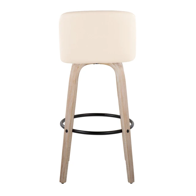Alt view image 5 of 5 - 30 Inch Mid Century Fixed Height Barstool with Swivel in Washed and Faux Leather with Round Black Metal Footrest Set