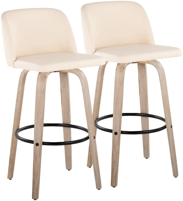 Main image of 30 Inch Mid Century Fixed Height Barstool with Swivel in Washed and Faux Leather with Round Black Metal Footrest Set