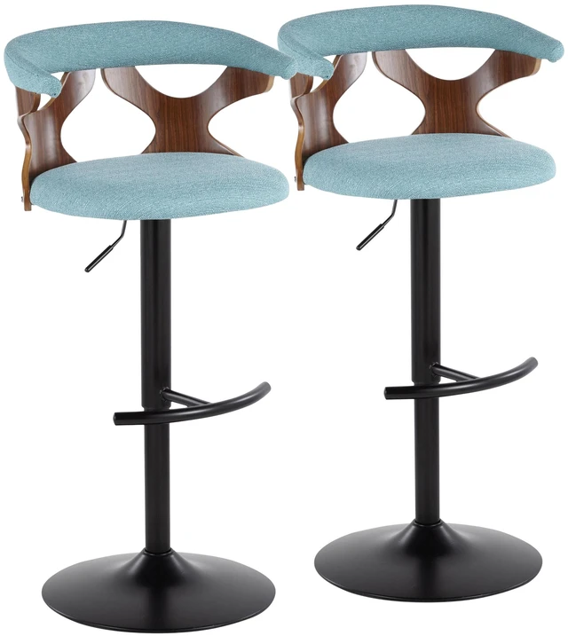Main image of Adjustable Barstool with Swivel in Black Metal, Teal Fabric with Rounded Footrest Set, Seating for Dining