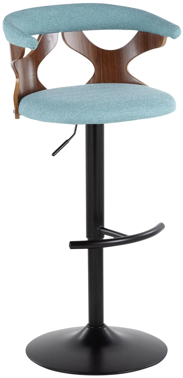 Alt view image 2 of 5 - Adjustable Barstool with Swivel in Black Metal, Teal Fabric with Rounded Footrest Set, Seating for Dining