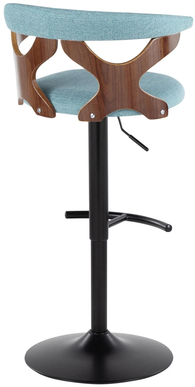 Alt view image 4 of 5 - Adjustable Barstool with Swivel in Black Metal, Teal Fabric with Rounded Footrest Set, Seating for Dining