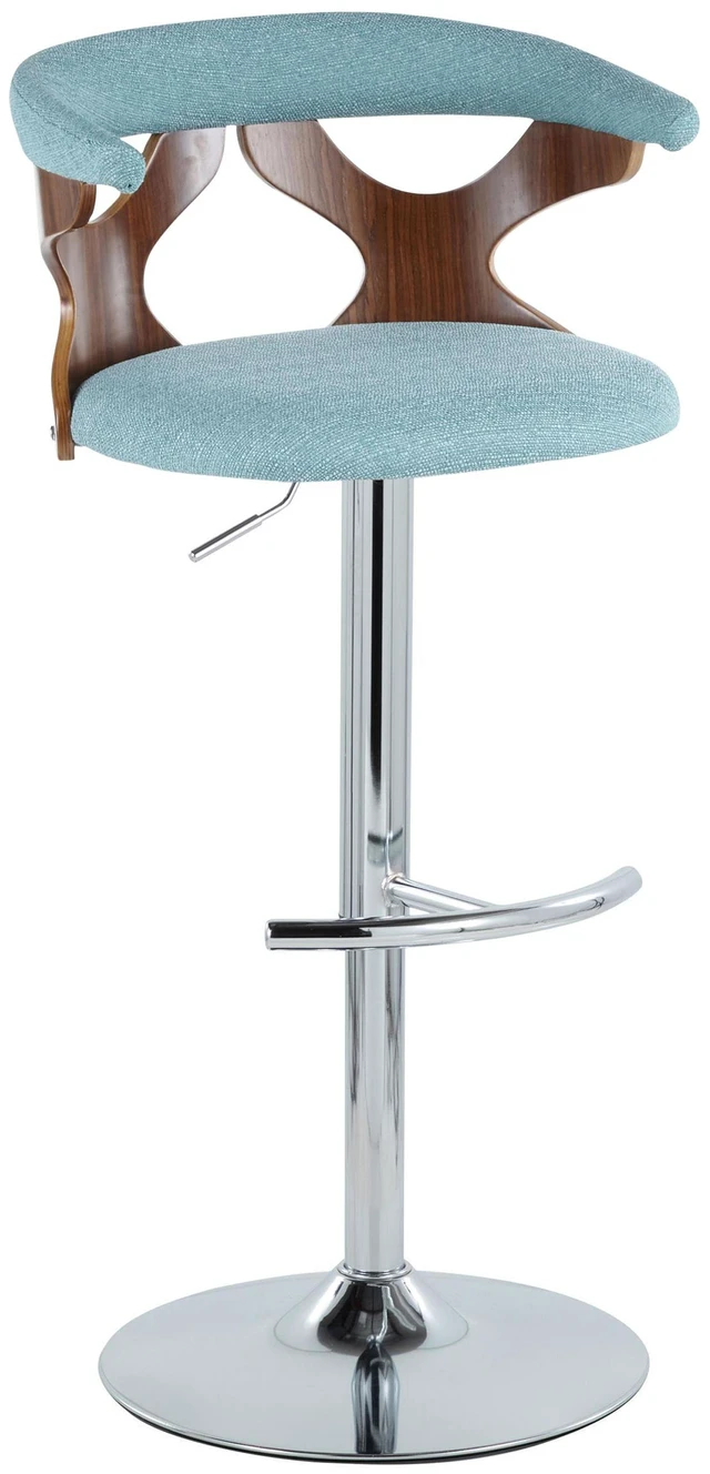 Alt view image 2 of 5 - Mid-Century Adjustable Barstool with Swivel in Chrome Metal, Teal Fabric with Rounded Footrest Set, Seating for Dining