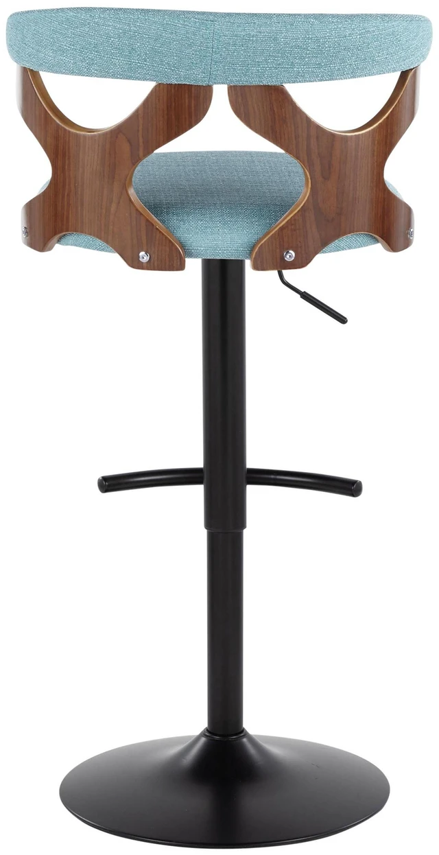 Alt view image 5 of 5 - Adjustable Barstool with Swivel in Black Metal, Teal Fabric with Rounded Footrest Set, Seating for Dining