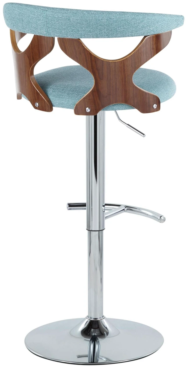 Alt view image 4 of 5 - Mid-Century Adjustable Barstool with Swivel in Chrome Metal, Teal Fabric with Rounded Footrest Set, Seating for Dining