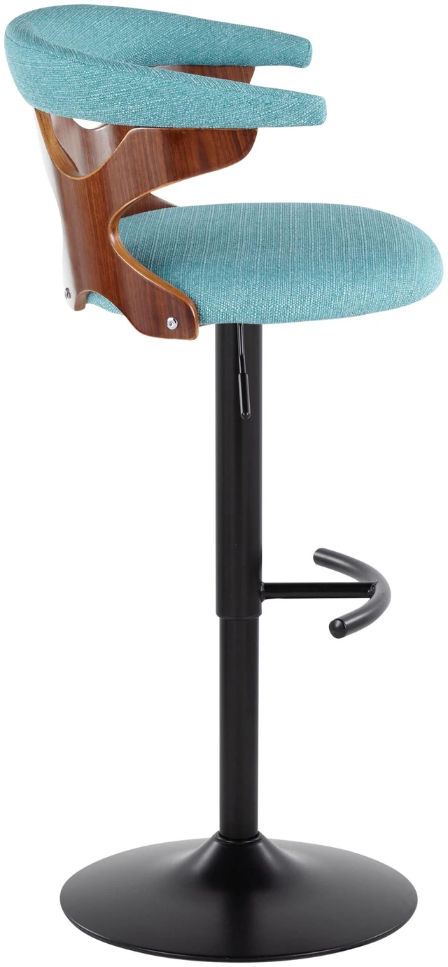 Alt view image 3 of 5 - Adjustable Barstool with Swivel in Black Metal, Teal Fabric with Rounded Footrest Set, Seating for Dining