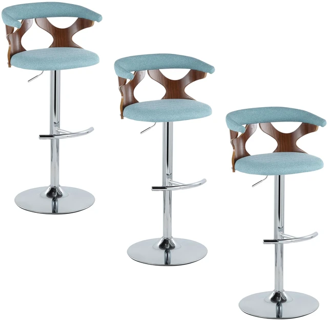 Main image of Mid-Century Adjustable Barstool with Swivel in Chrome Metal, Teal Fabric with Rounded Footrest Set, Seating for Dining