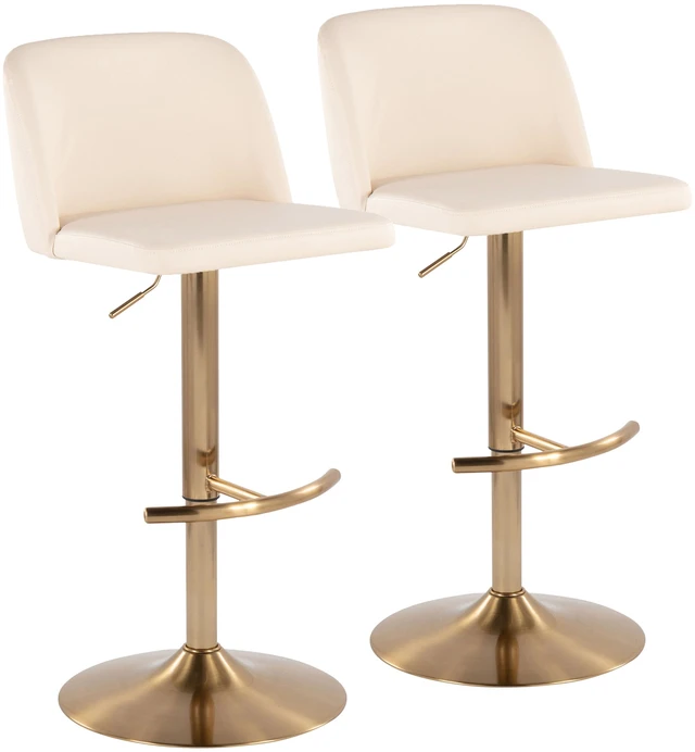 Main image of Adjustable Barstool with Swivel in Faux Leather and Gold Metal with Rounded Footrest Set, Cream, Seating for Dining