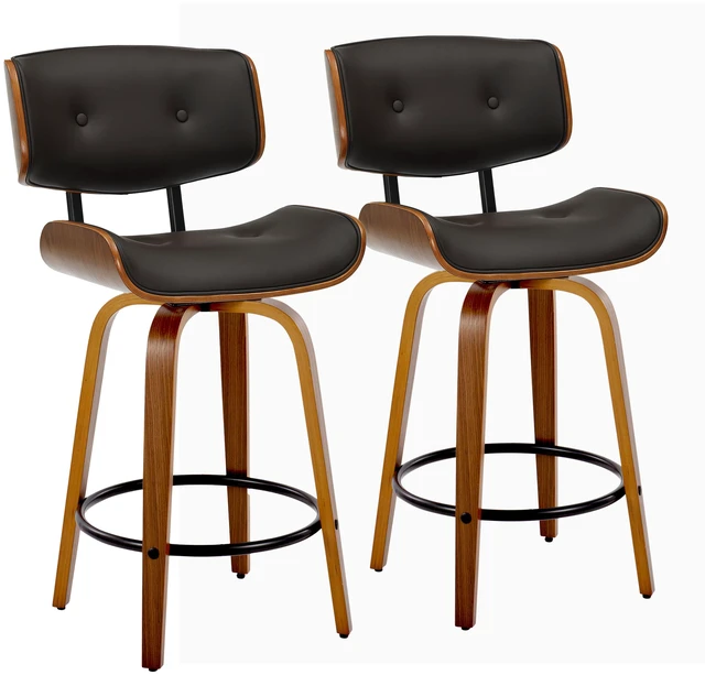 Main image of Fixed Height Counter Stool with Swivel in and Faux Leather with Round Black Metal Footrest Set, Espresso, PU Leather