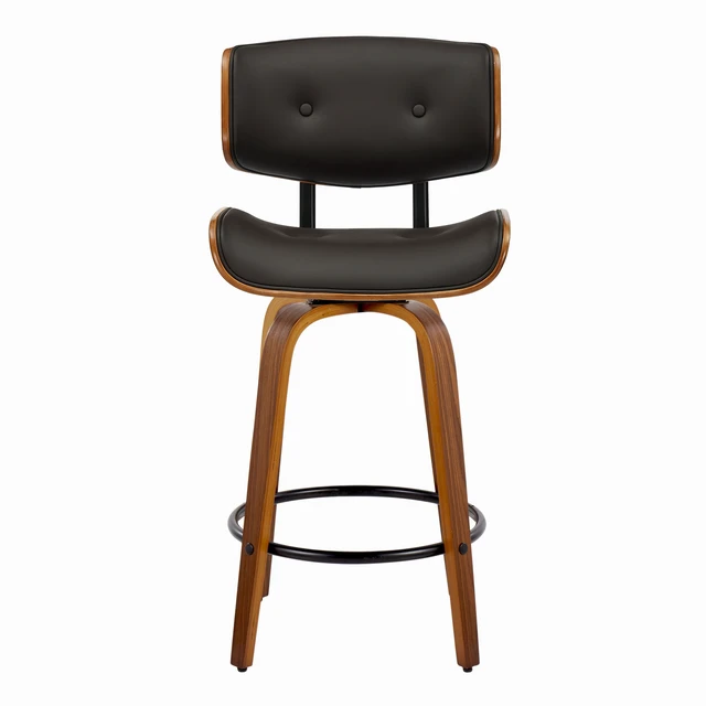 Alt view image 2 of 7 - Fixed Height Counter Stool with Swivel in and Faux Leather with Round Black Metal Footrest Set, Espresso, PU Leather