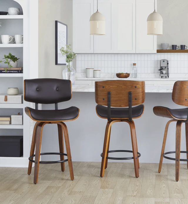Alt view image 5 of 7 - Fixed Height Counter Stool with Swivel in and Faux Leather with Round Black Metal Footrest Set, Espresso, PU Leather