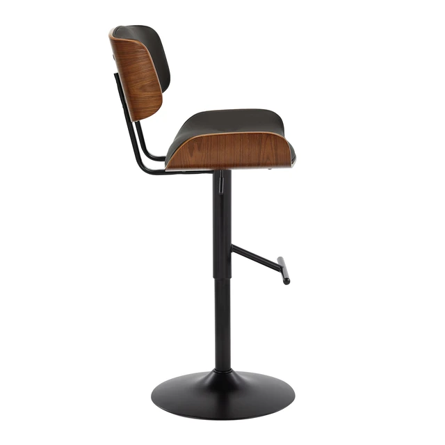 Alt view image 2 of 7 - Adjustable Barstool with Swivel in Black Metal, Faux Leather with Straight Footrest Set, Walnut, PU Leather, Seating