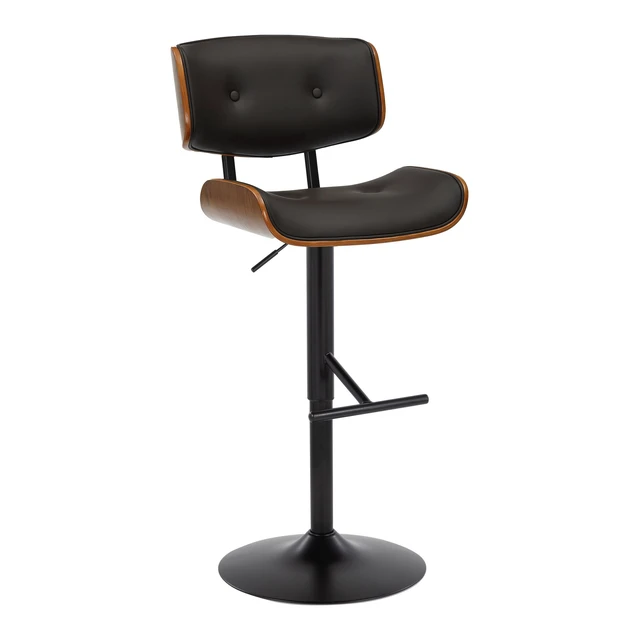 Alt view image 5 of 7 - Adjustable Barstool with Swivel in Black Metal, Faux Leather with Straight Footrest Set, Walnut, PU Leather, Seating