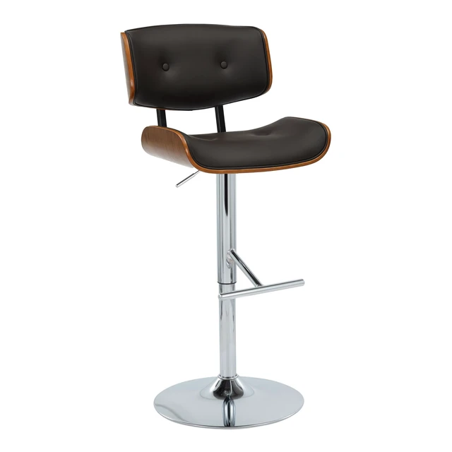 Alt view image 7 of 7 - Adjustable Barstool with Swivel in Chrome Metal, Faux Leather with Straight Footrest Set, Walnut, PU Leather, Seating