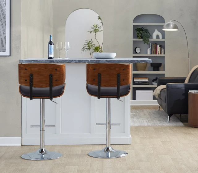 Alt view image 4 of 7 - Adjustable Barstool with Swivel in Chrome Metal, Faux Leather with Straight Footrest Set, Walnut, PU Leather, Seating