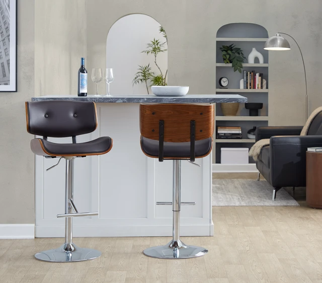 Alt view image 5 of 7 - Adjustable Barstool with Swivel in Chrome Metal, Faux Leather with Straight Footrest Set, Walnut, PU Leather, Seating