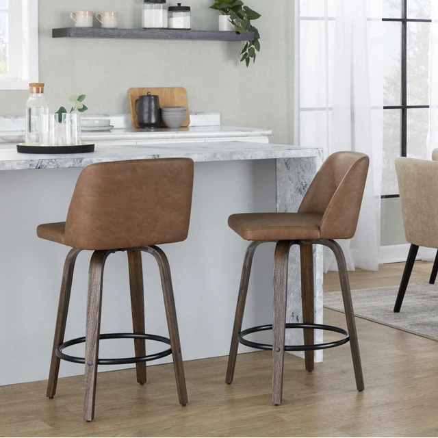 Alt view image 2 of 7 - 26 Inch Mid Century Fixed Height Counter Stool with Swivel in Glazed and Faux Leather with Round Black Metal Footrest