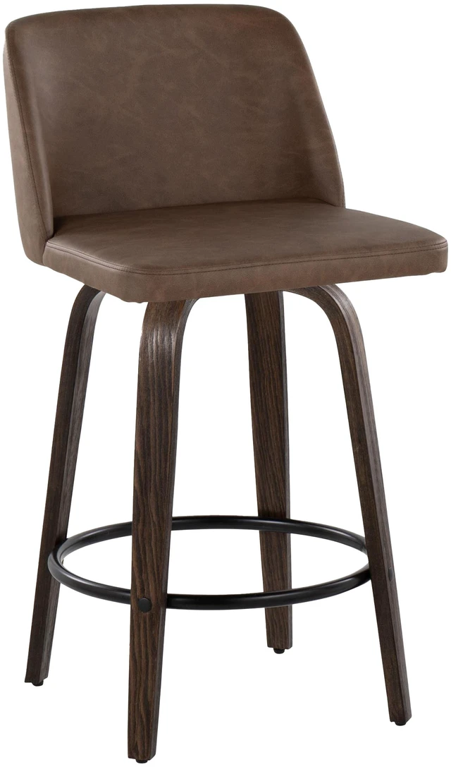 Alt view image 4 of 7 - 26 Inch Mid Century Fixed Height Counter Stool with Swivel in Glazed and Faux Leather with Round Black Metal Footrest