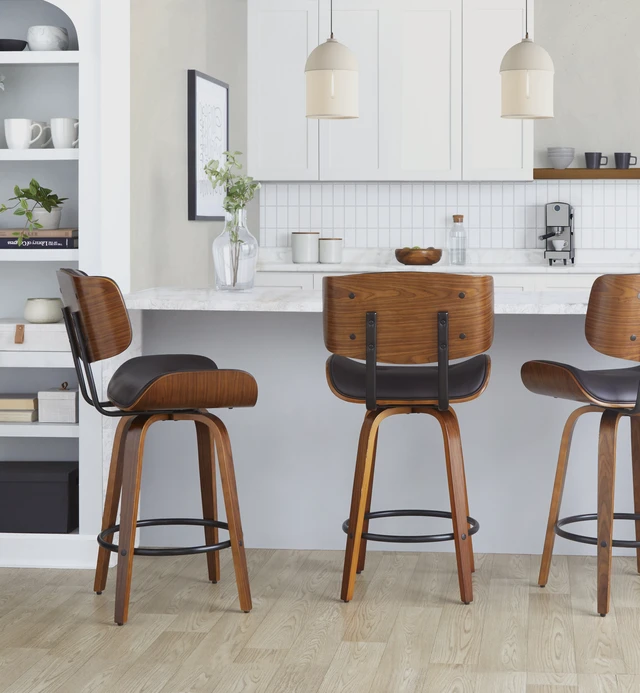Alt view image 4 of 7 - Fixed Height Counter Stool with Swivel in and Faux Leather with Round Black Metal Footrest Set, Espresso, PU Leather