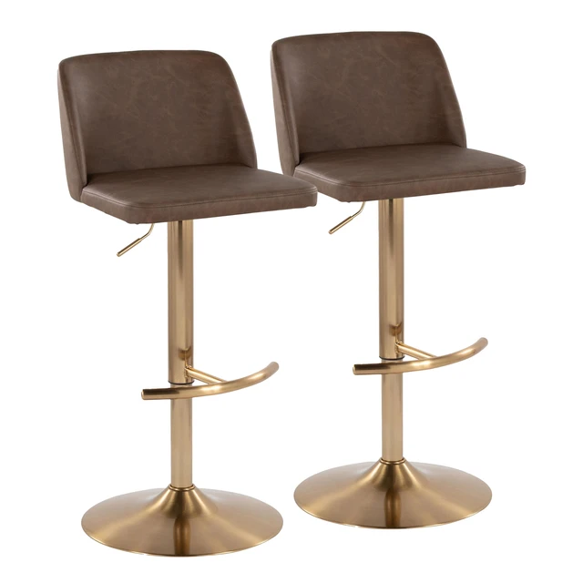 Alt view image 3 of 7 - Adjustable Barstool with Swivel in Gold Metal and Faux Leather with Rounded Footrest Set, Espresso, Seating for Dining