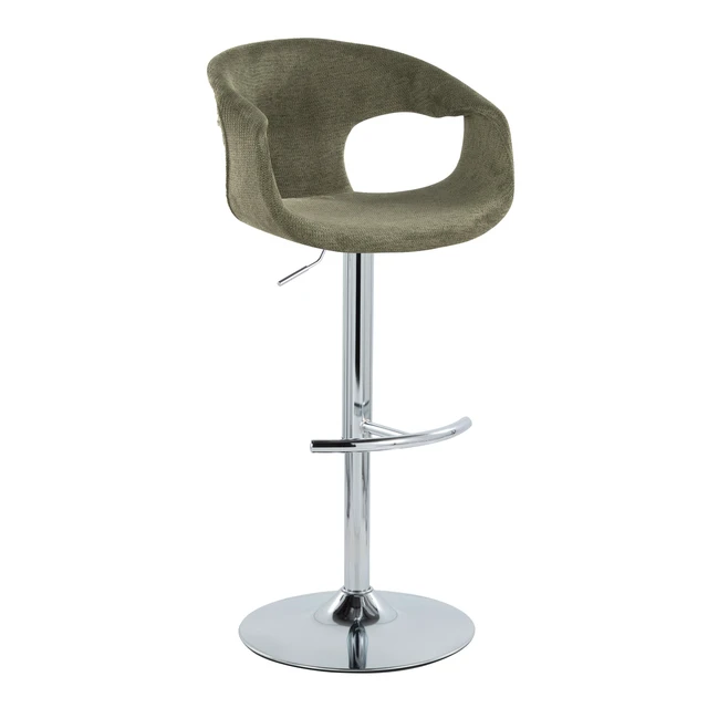 Alt view image 4 of 7 - Adjustable Barstool in Chrome Metal and Green Fabric with Rounded Footrest Set, Seating for Dining