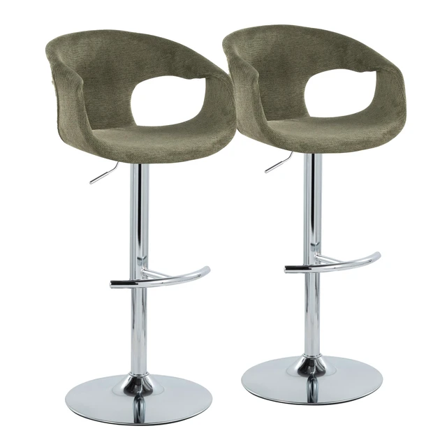 Alt view image 3 of 7 - Adjustable Barstool in Chrome Metal and Green Fabric with Rounded Footrest Set, Seating for Dining