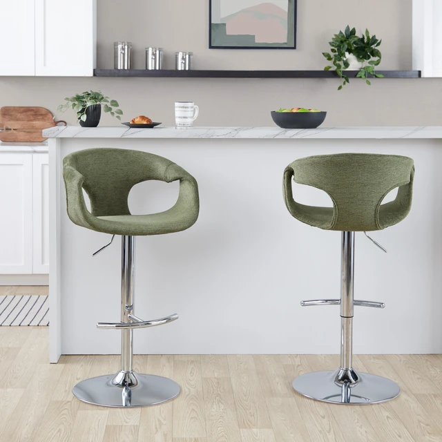 Main image of Adjustable Barstool in Chrome Metal and Green Fabric with Rounded Footrest Set, Seating for Dining