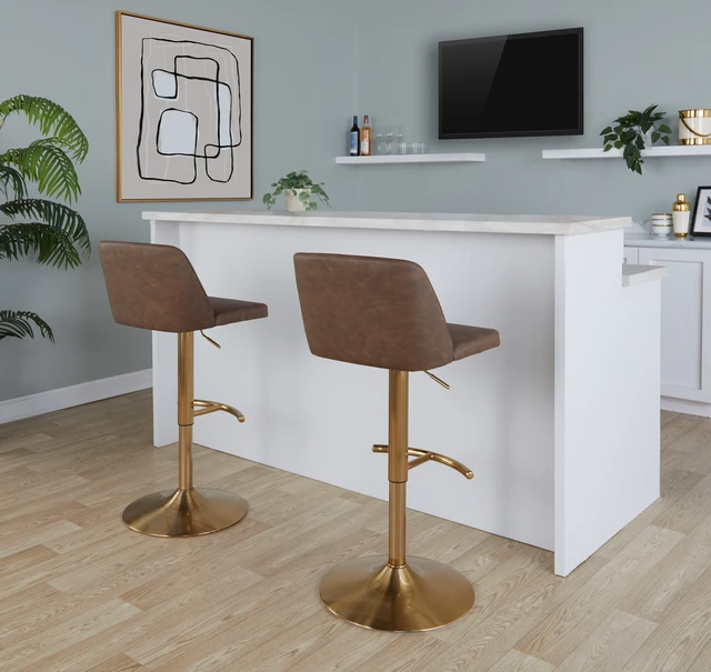 Alt view image 2 of 7 - Adjustable Barstool with Swivel in Gold Metal and Faux Leather with Rounded Footrest Set, Espresso, Seating for Dining