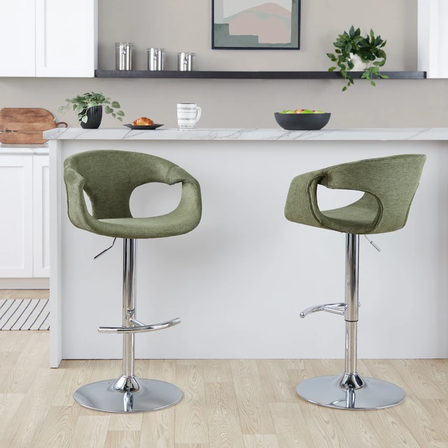 Alt view image 2 of 7 - Adjustable Barstool in Chrome Metal and Green Fabric with Rounded Footrest Set, Seating for Dining
