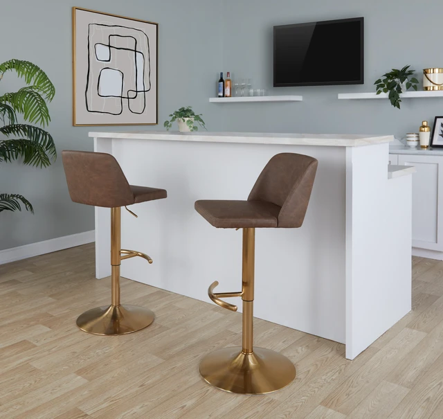 Main image of Adjustable Barstool with Swivel in Gold Metal and Faux Leather with Rounded Footrest Set, Espresso, Seating for Dining