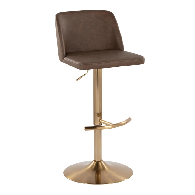 Alt view image 4 of 7 - Adjustable Barstool with Swivel in Gold Metal and Faux Leather with Rounded Footrest Set, Espresso, Seating for Dining